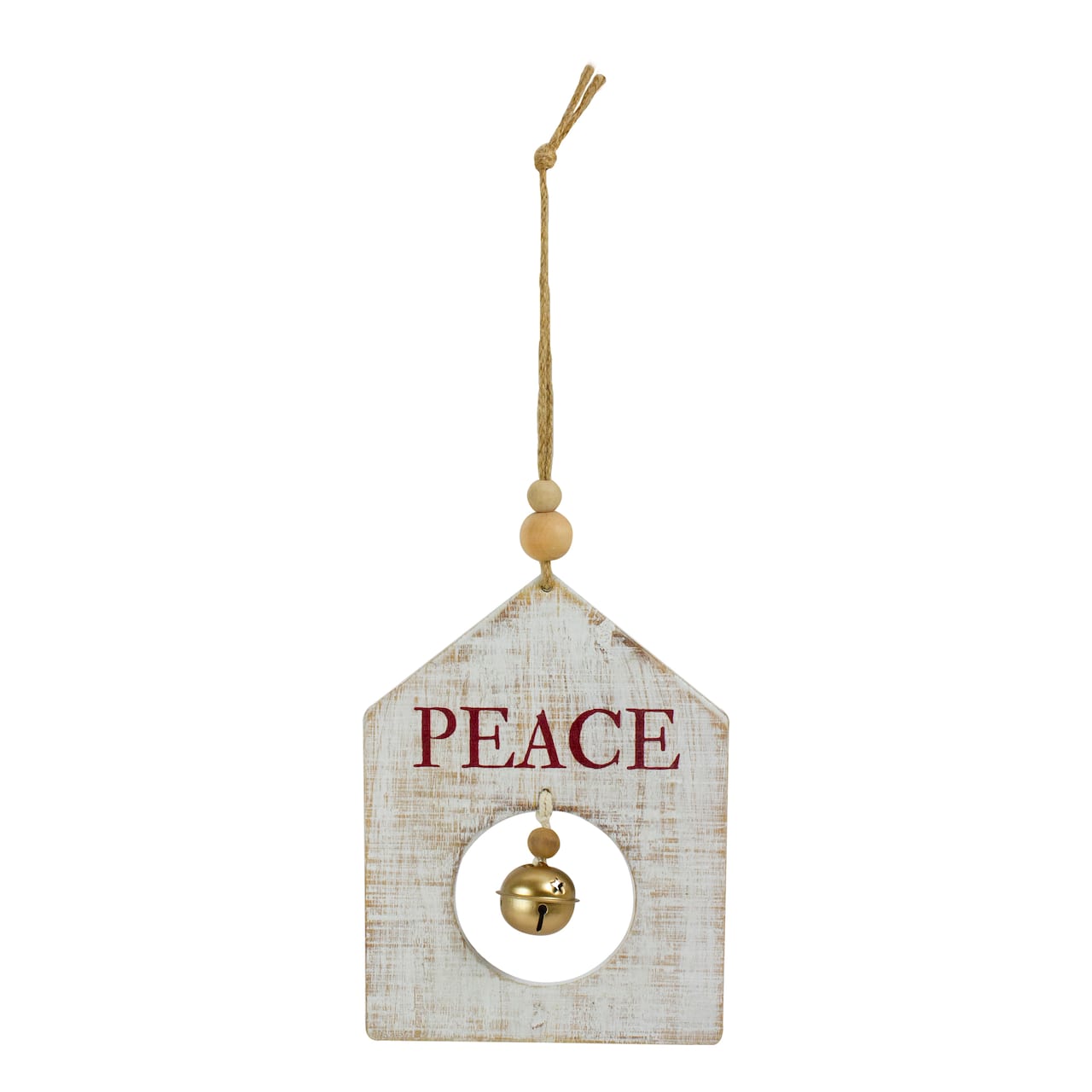 Rustic Wooden "Peace" with Bell Christmas Tag Ornament - 8" - Gold and White